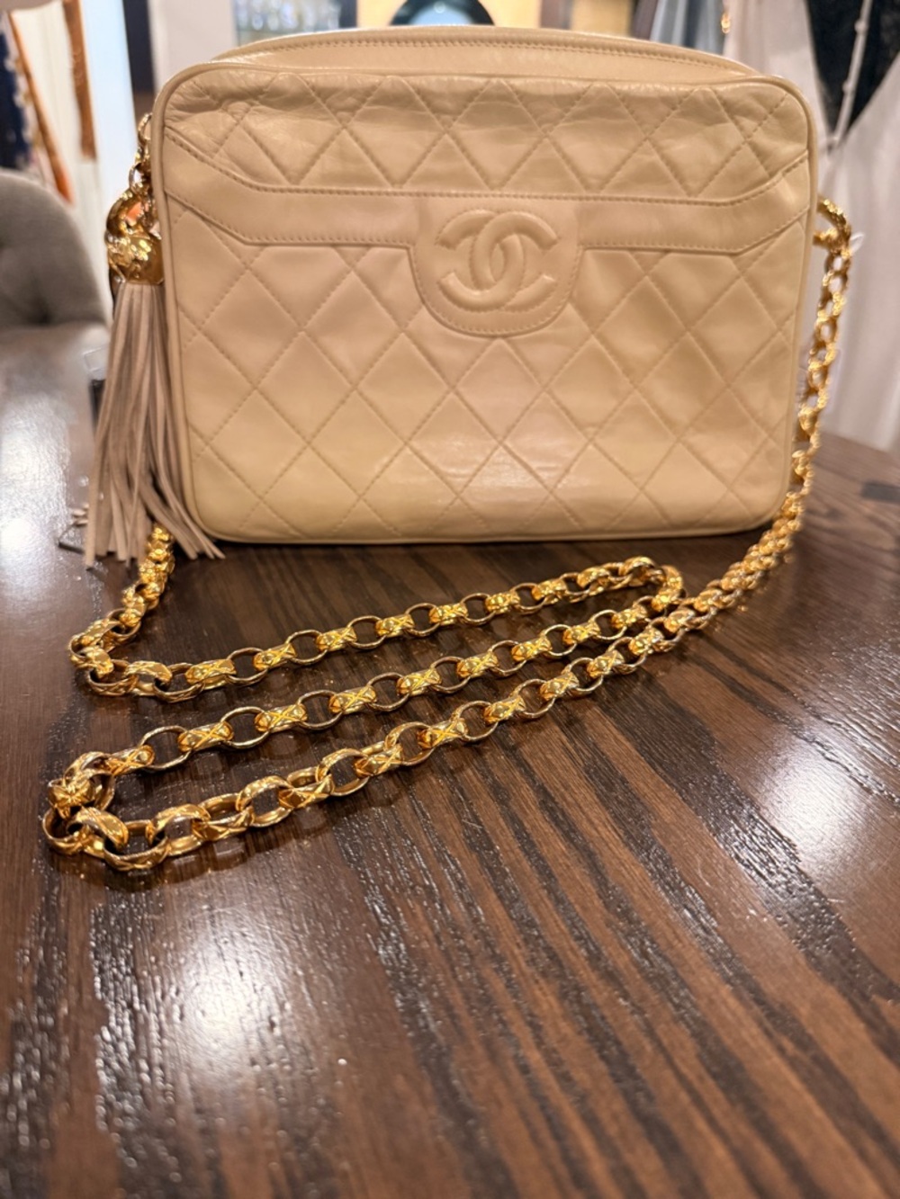 CHANEL Beige Quilted Camera Crossbody with 24K Gold Chain Exc Cond! COA included